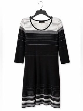 Nine West Striped Sweater Dress Women’s Medium Black White Gray Knit